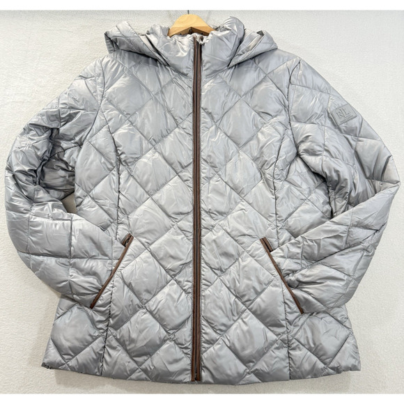 Lauren Ralph Lauren Jackets & Blazers - Lauren Ralph Lauren Womens Medium Quilted Puffer Jacket Gray Faux Leather Trim